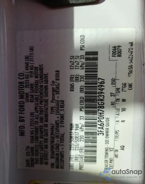 2016 Ford Fusion Se из США, поврежденный, VIN 3FA6P0H78GR394967